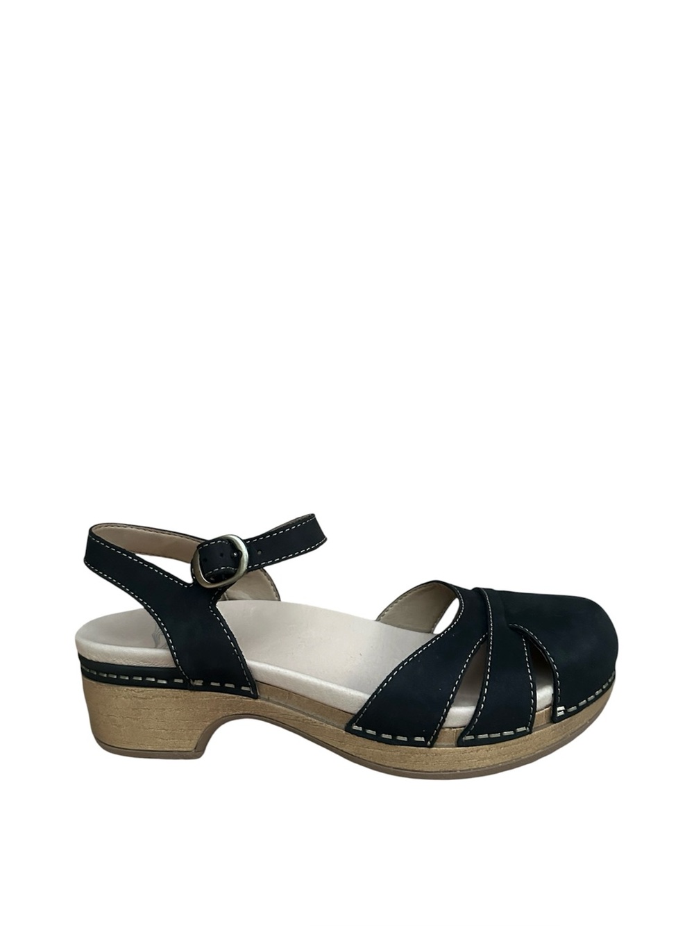 DANKSO Black Leather Ankle Strap Clog Sandal